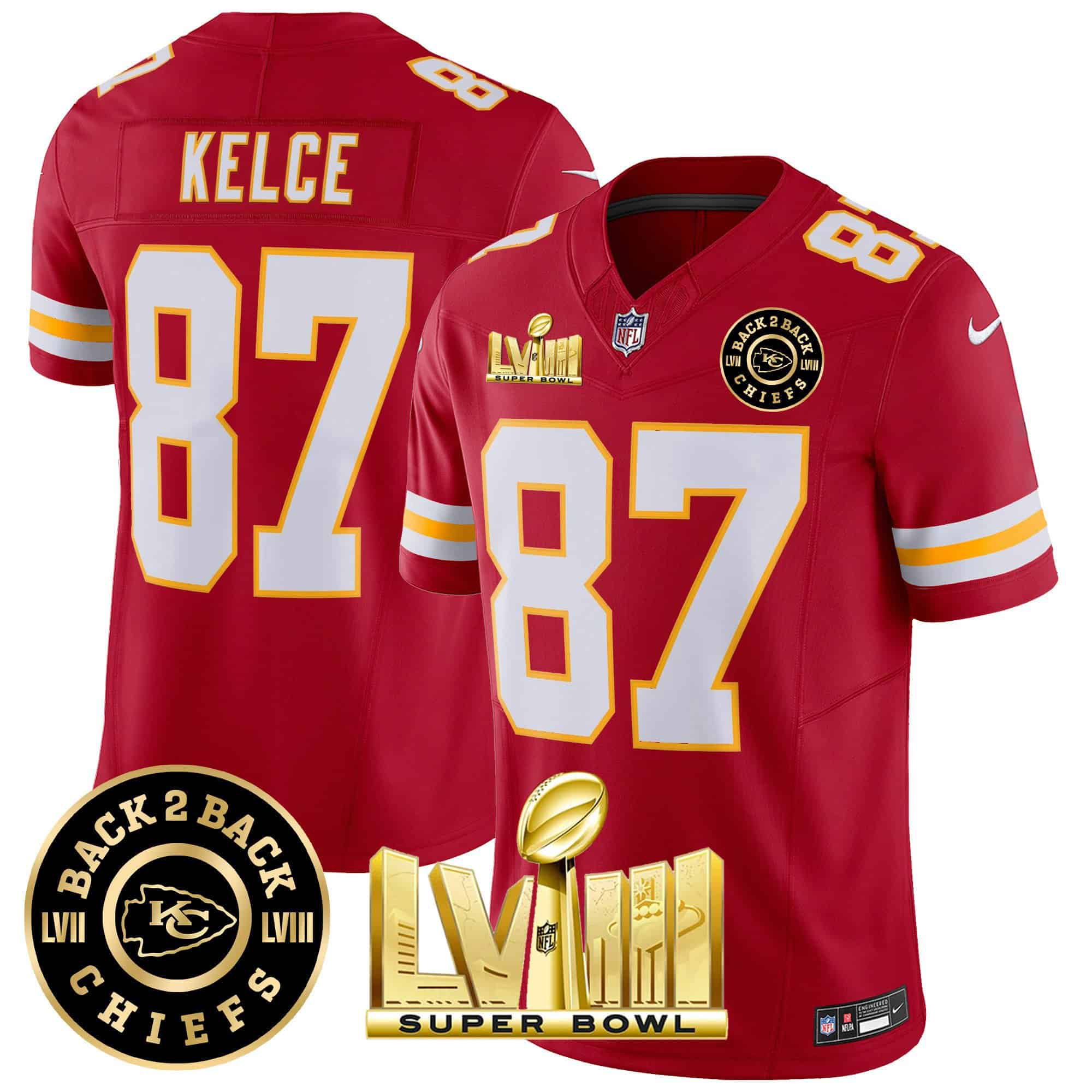 Men Kansas City Chiefs 87 Kelce Red 2024 Nike Super Bowl LVIII & Back 2 Back Patch Vapor NFL Jersey style 3